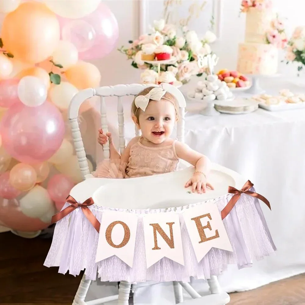 1st Highchair Banner,Rose Gold,Blush&White First Birthday Highchair Banner,One Y